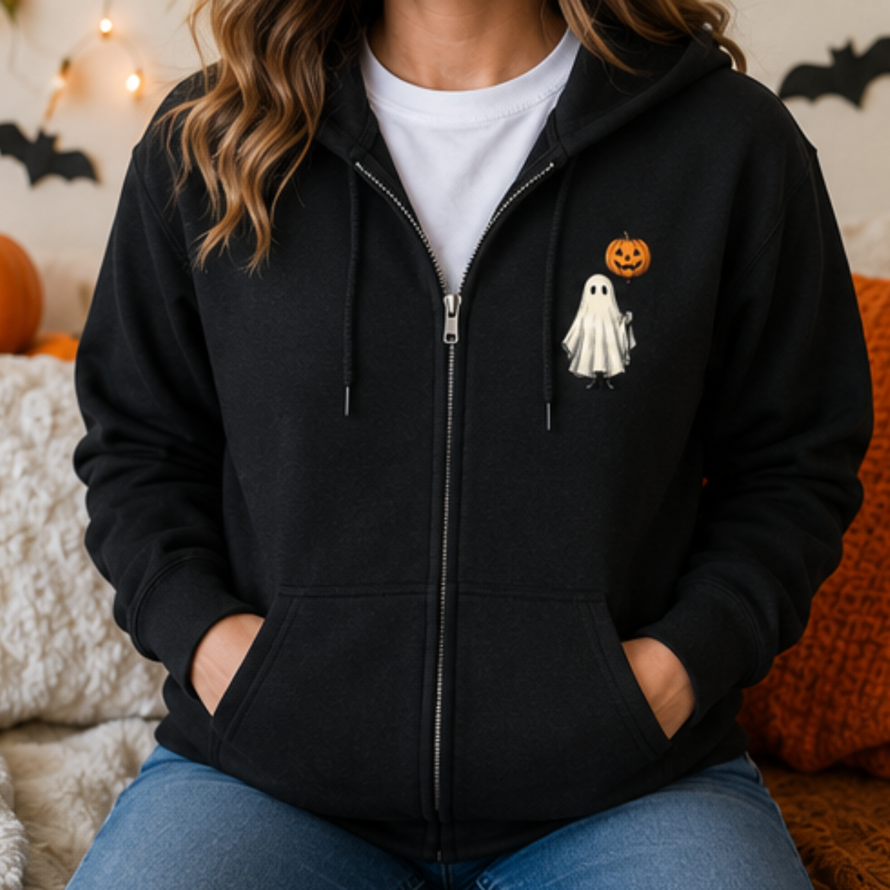 Ghost with Pumpkin Balloon Zip-Up Hoodie