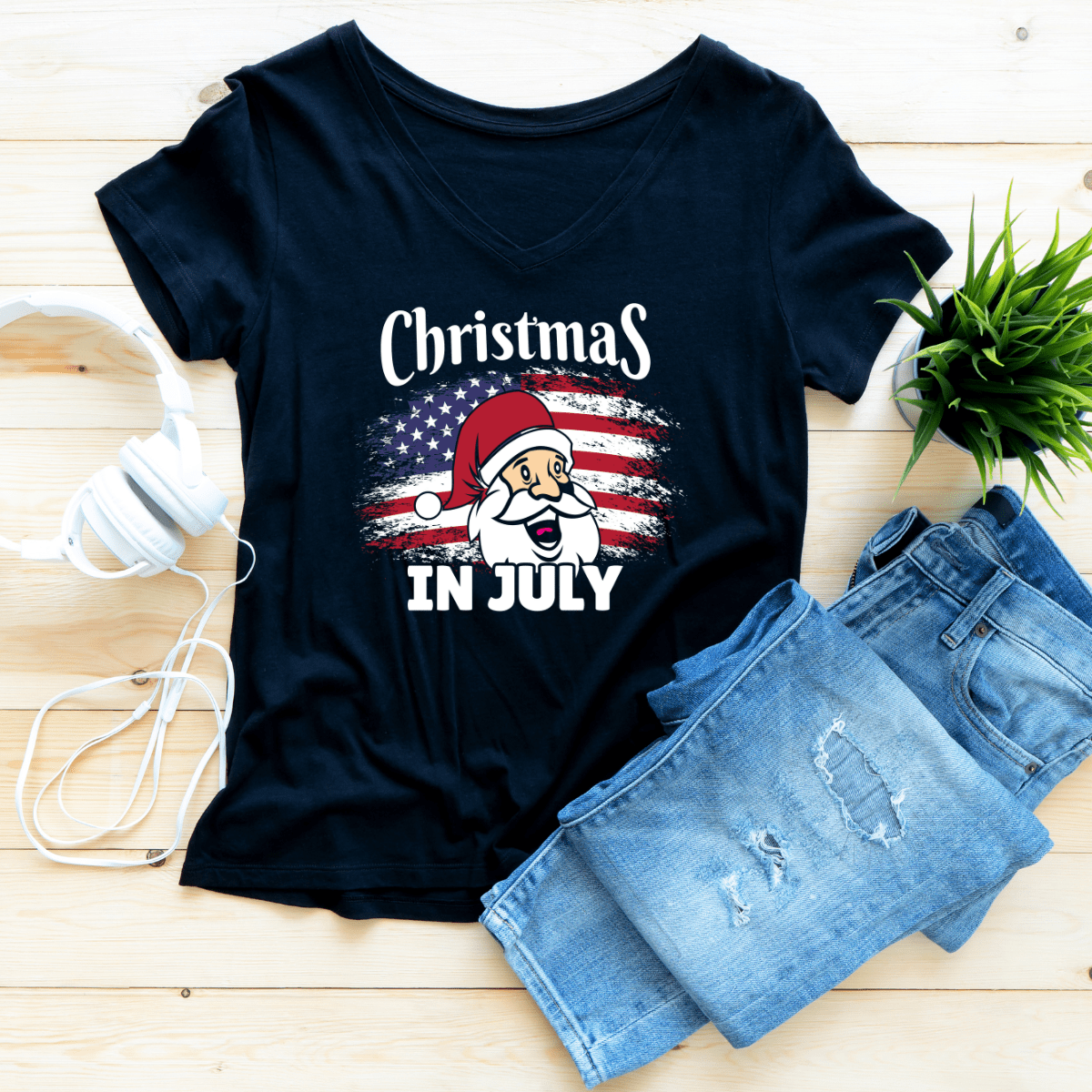 Christmas In July Santa And American Flag