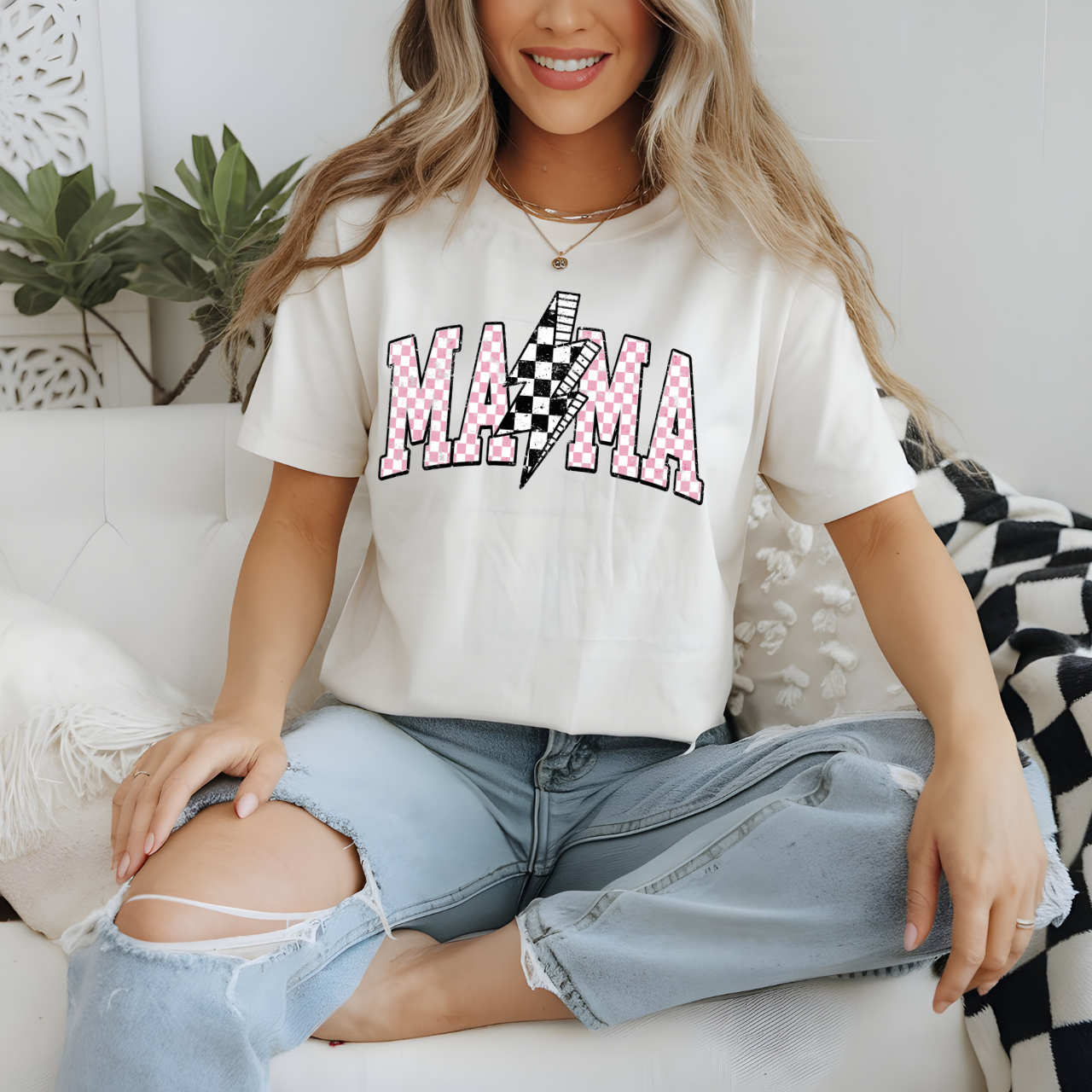 Mama Pink Checkered Lightning Bolt