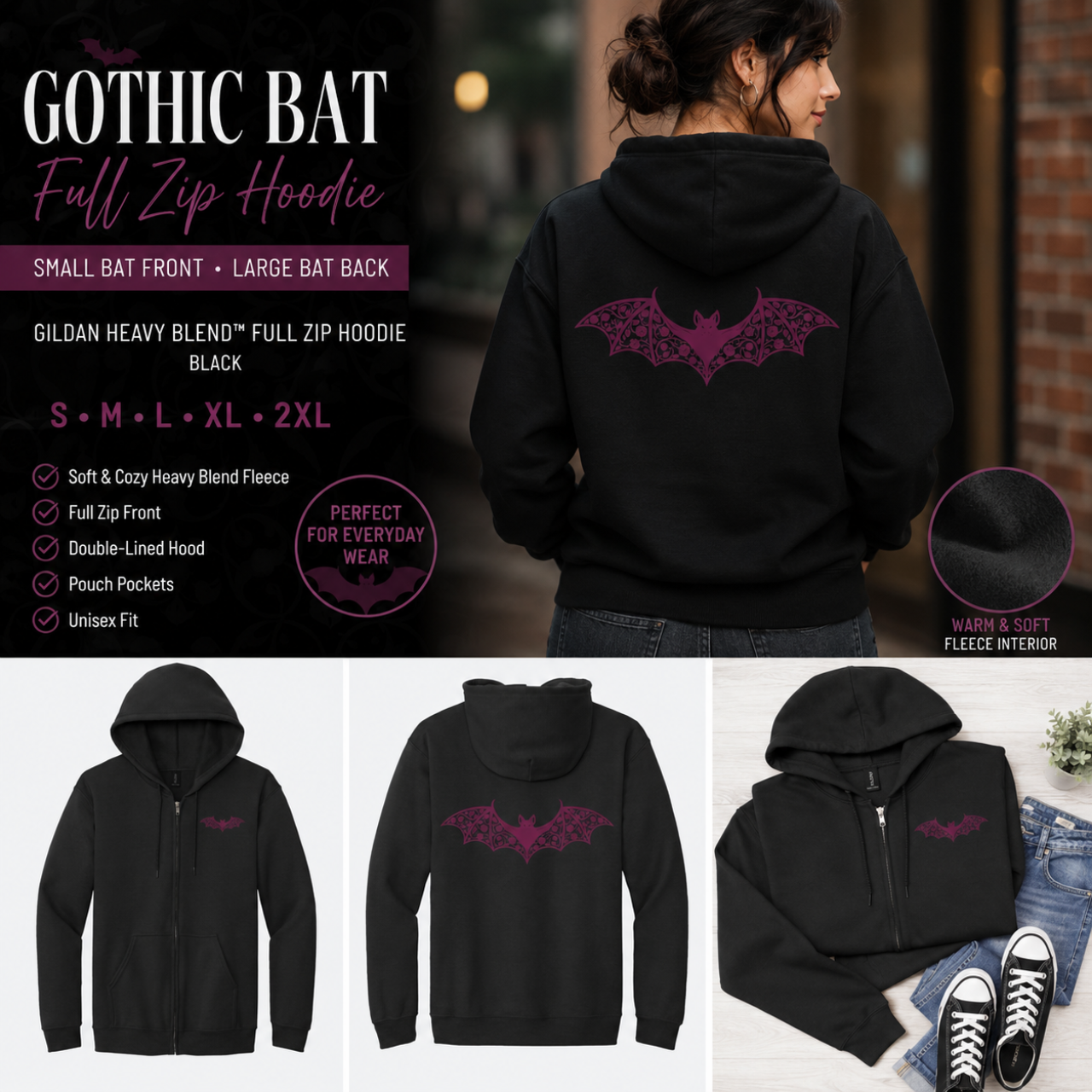 Floral Bat Zip Up Hoodie