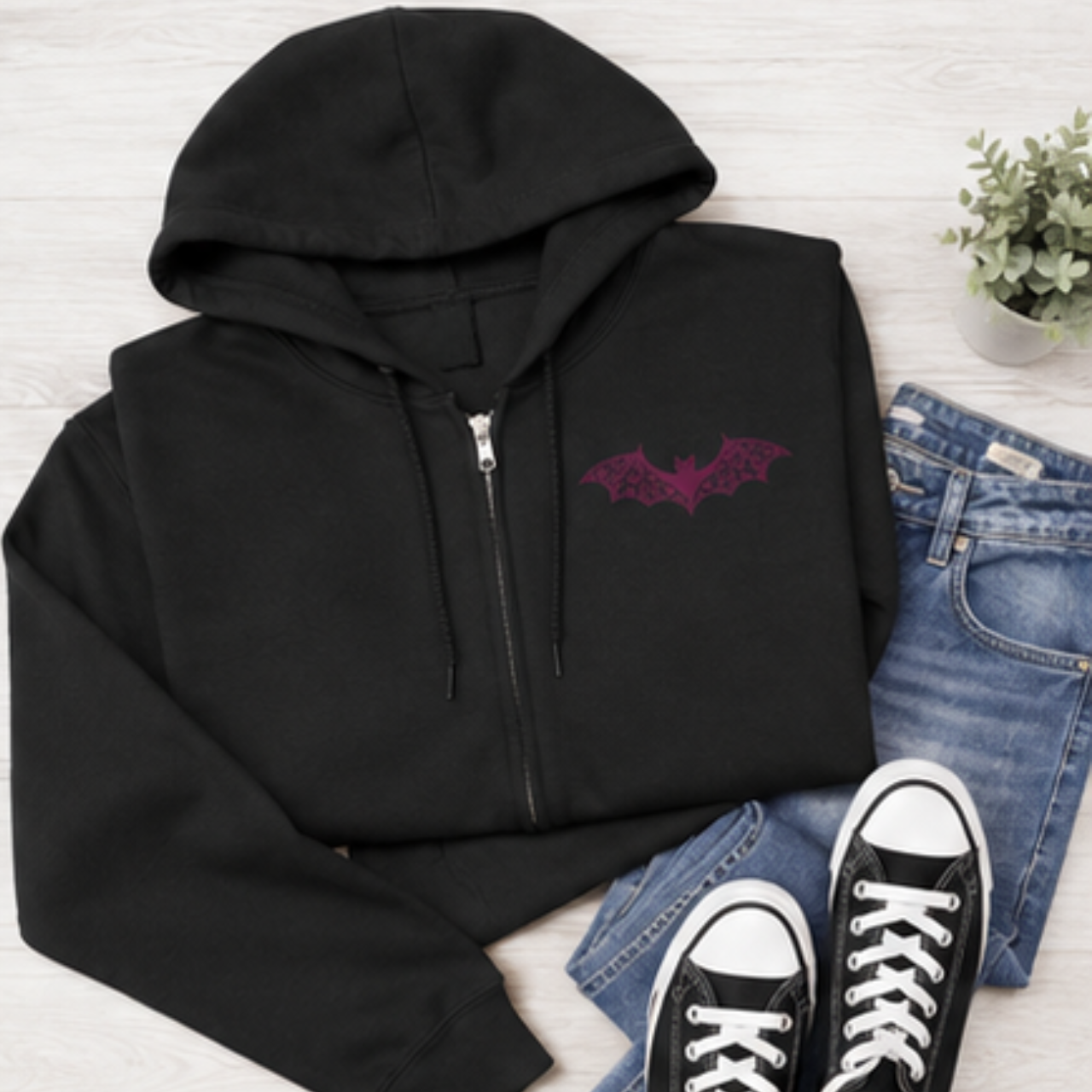 Floral Bat Zip Up Hoodie