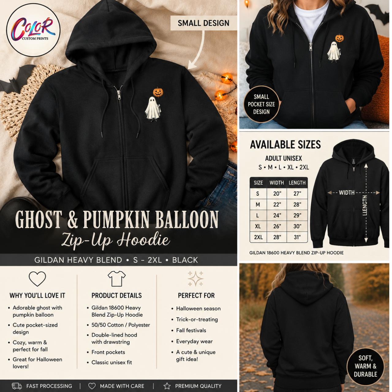 Ghost with Pumpkin Balloon Zip-Up Hoodie