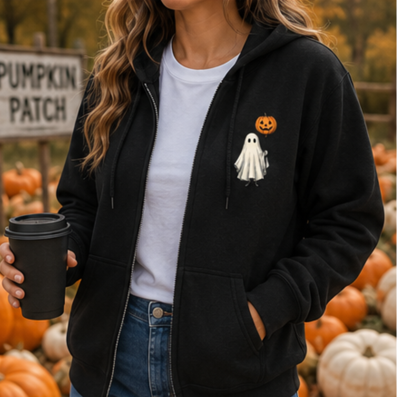 Ghost with Pumpkin Balloon Zip-Up Hoodie