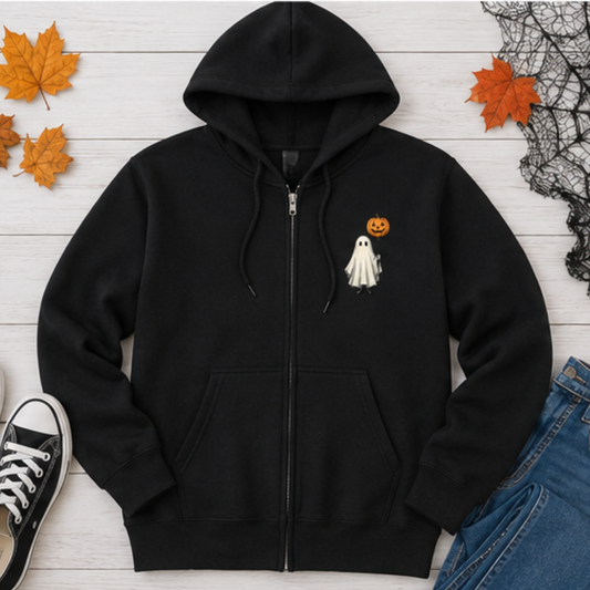 Ghost with Pumpkin Balloon Zip-Up Hoodie