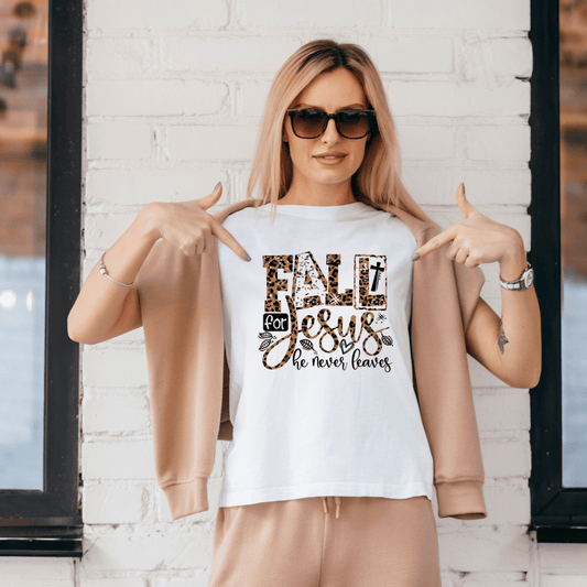 Fall For Jesus He Never Leaves (Leopard Print)